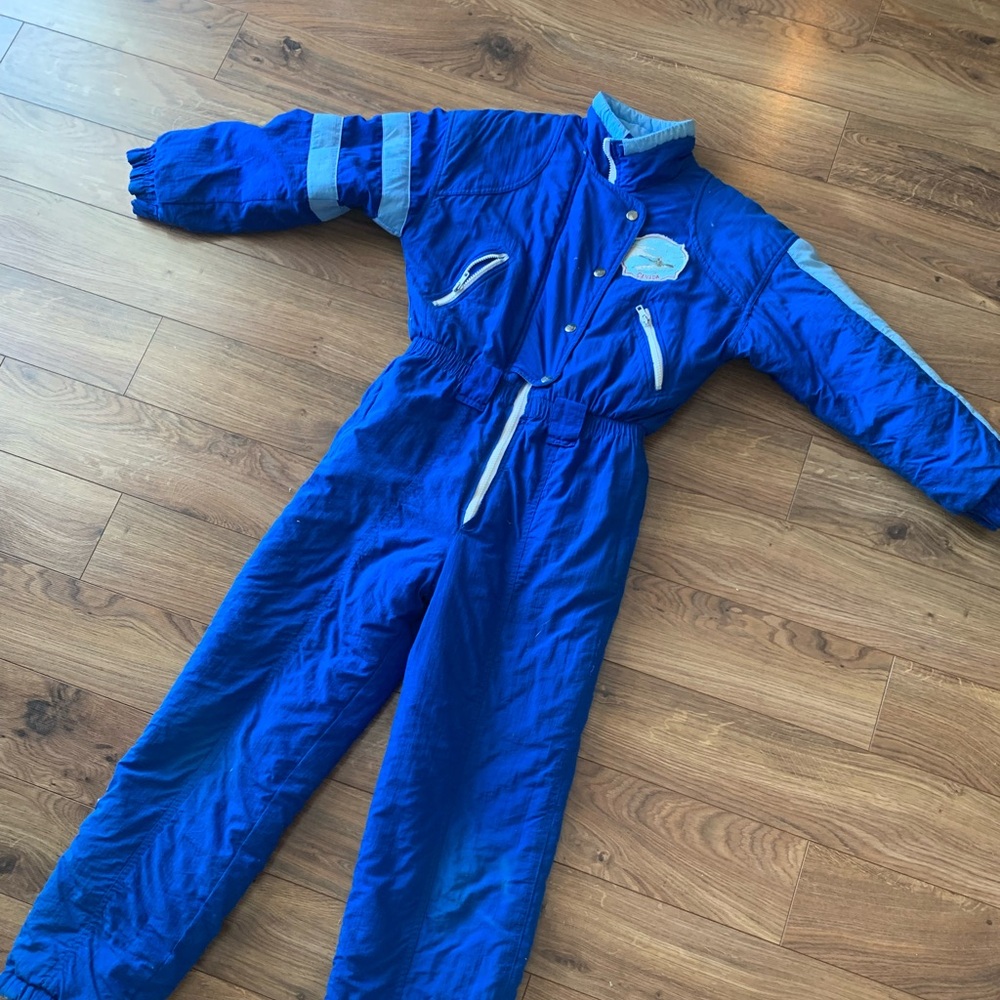 Vintage retro One-Piece Ski Suit with Light Blue Trim